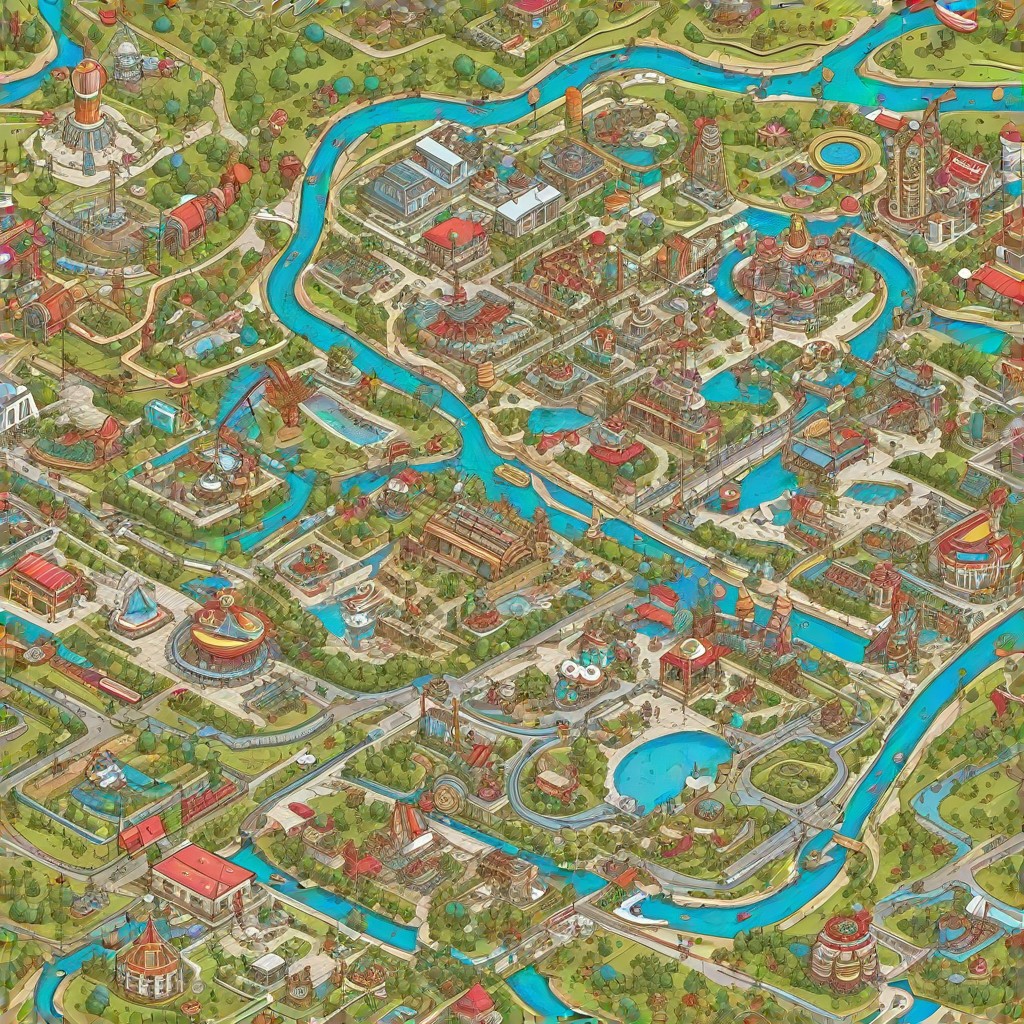 An illustrated map showing directions to BDV Empresas playground, with landmarks and public transportation options clearly marked. The map incorporates the playful and colorful design style of the website, appealing to families and tourists. Interactive elements, clear signage.