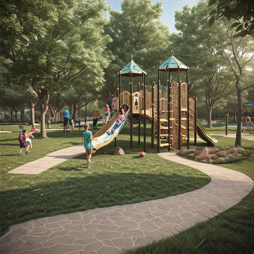 An overview of the BDV Empresas playground facilities, including seating areas for parents, shaded picnic spots, and accessible pathways, emphasizing the comfort and convenience provided for families visiting the playground, clean and safe environment.