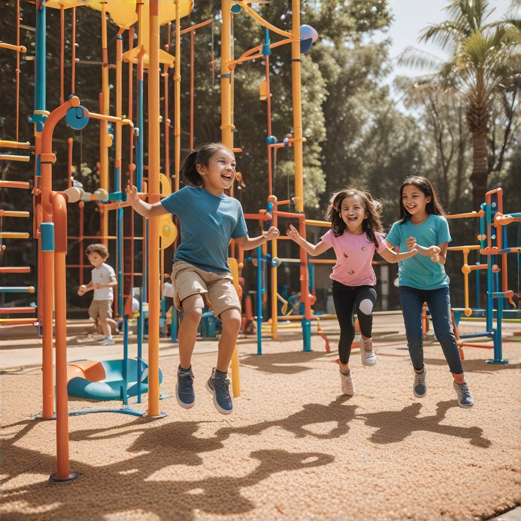 A dynamic action shot of children participating in organized games and activities at the BDV Empresas playground, showcasing the interactive and engaging experiences offered, highlighting the opportunity for social interaction and skill development.