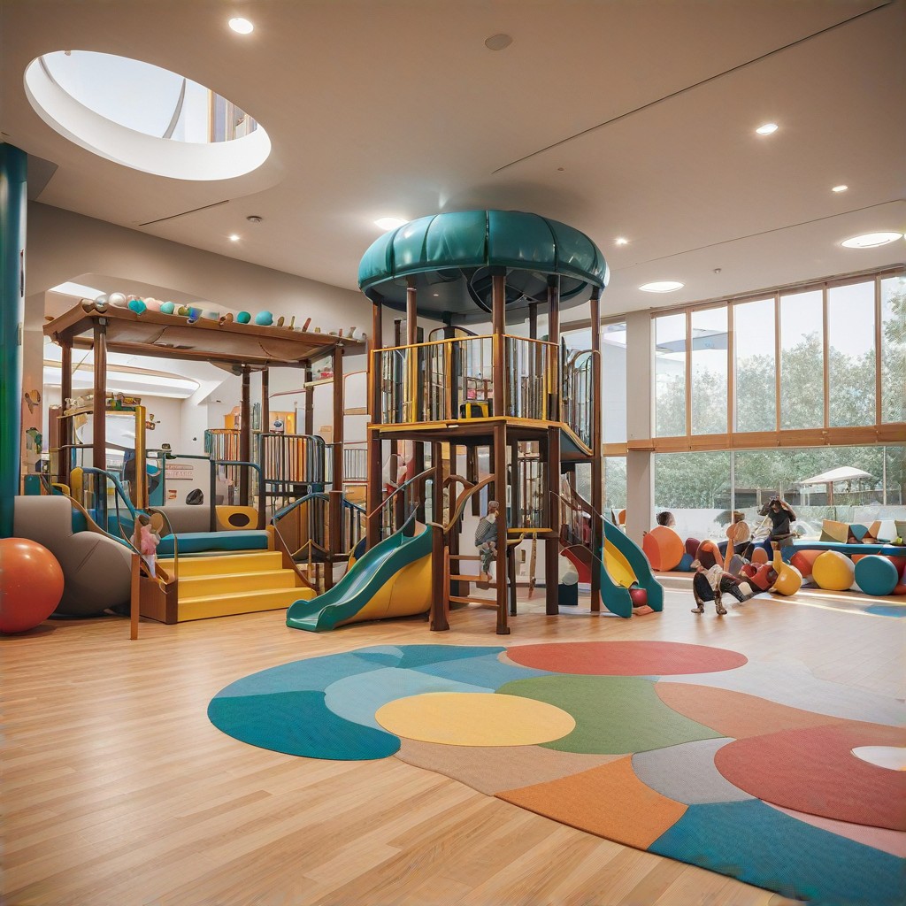 A brightly colored sign displaying the opening and closing hours of BDV Empresas playground, with playful fonts and illustrations of children playing in the background. The location icon is prominently featured, making it easy to find. family-friendly atmosphere, modern design.