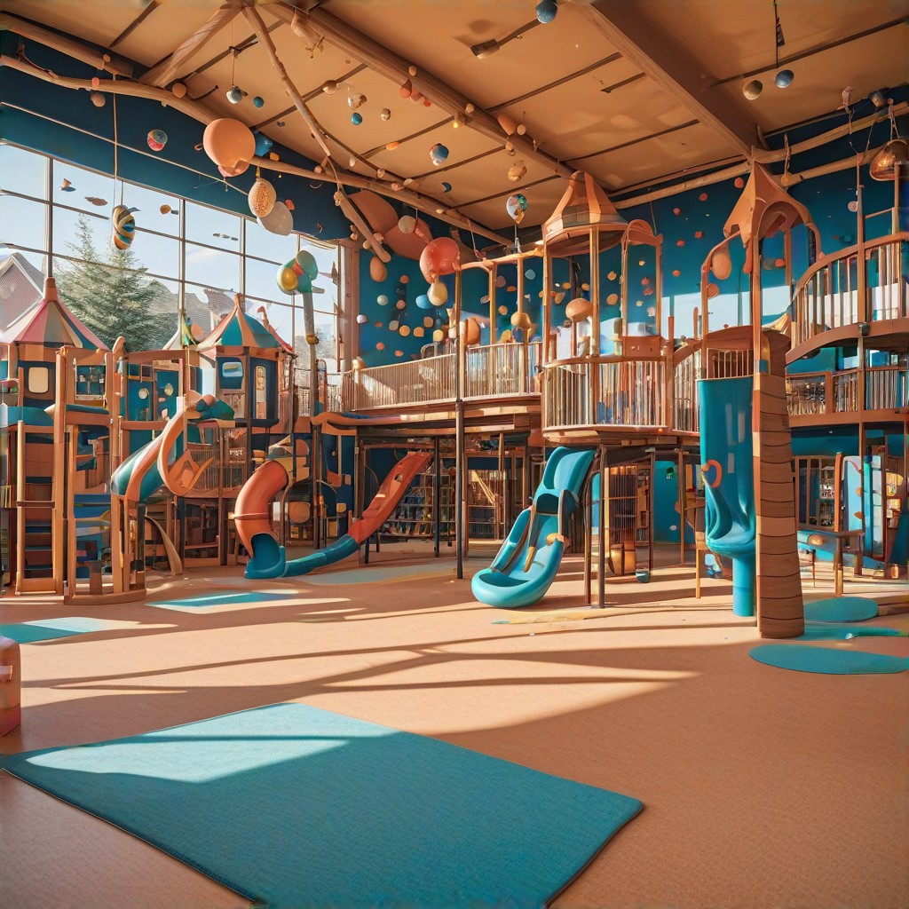 A vibrant and playful scene of the BDV Empresas playground, showcasing children joyfully engaging with interactive attractions, set against a backdrop of colorful, modern design, capturing the essence of family-friendly fun and adventure. (playground:1.2), (interactive attractions:1.1), (children:1.3), (family-friendly:1.5), (modern design:1.0), No people in the background.