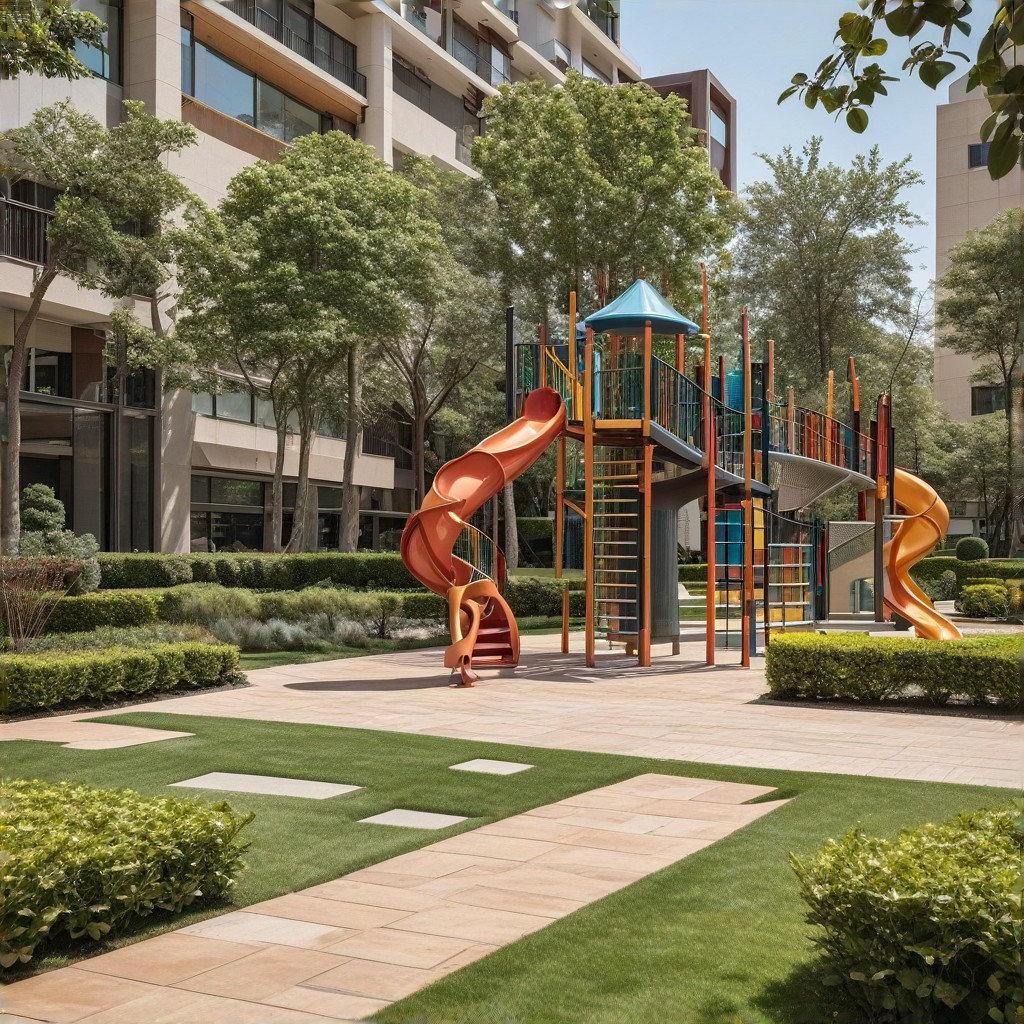 A photograph of the entrance to BDV Empresas playground, with the opening hours displayed on a sign. The photo showcases the welcoming and family-friendly atmosphere of the park. The surrounding area is clean and well-maintained. Modern architecture, colorful details.