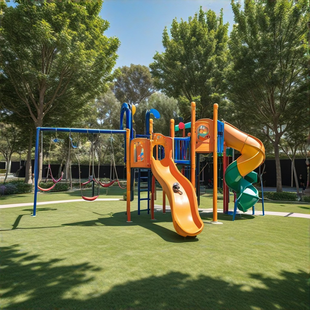 A vibrant and playful playground scene, featuring children playing on colorful slides and swings, parents watching and interacting, lush green surroundings, sunny day, clear blue sky, showcasing the joyful atmosphere of BDV Empresas playground.