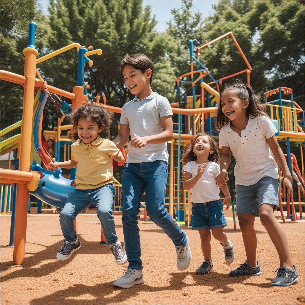 Close-up shot of children's faces filled with laughter and excitement as they engage in various playground activities, capturing the genuine joy and happiness experienced at BDV Empresas playground, showcasing a family-friendly environment.
